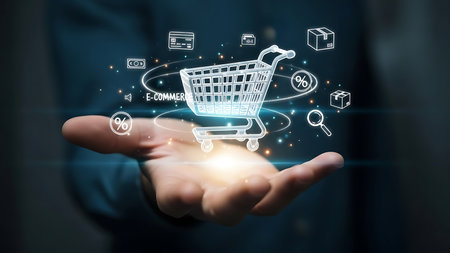 Hand holding glowing digital shopping cart with online retail icons floating around itの素材