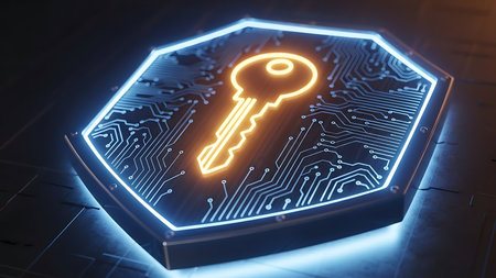 Digital security and encryption concept with glowing key inside hexagonal circuit board shieldの素材