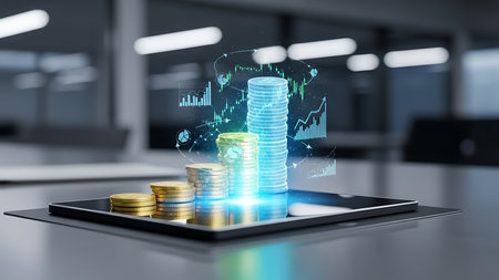 Digital financial growth represented by holographic coins and charts emerging from a tablet screenの素材