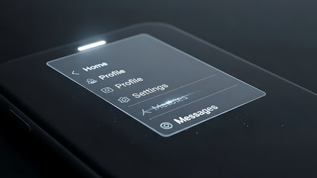 Transparent smartphone screen displaying a menu with icons and text on a dark backgroundの素材