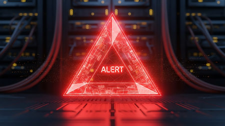 Futuristic red triangle alert symbol glowing with warning message in dark industrial server roomの素材