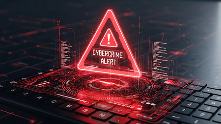 Glowing red neon warning triangle symbol displays cyber security alert on futuristic digital circuit boardの素材