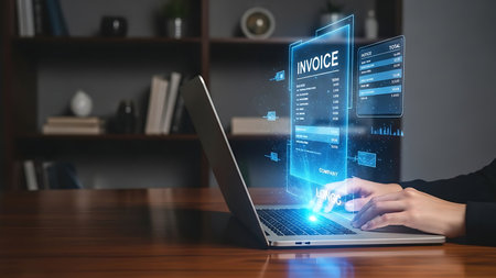 Person interacting with a futuristic holographic interface displaying data and charts on a laptop screenの素材