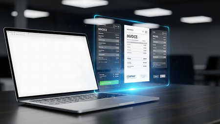 Modern laptop displaying financial data with holographic projections of charts and graphs in a dark office settingの素材