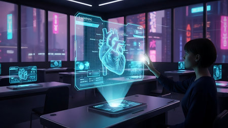 Futuristic medical technology displays a glowing holographic human heart in a modern laboratory settingの素材