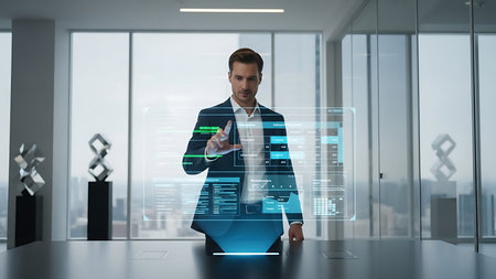 Businessman interacting with a futuristic holographic interface displaying data and charts in a modern officeの素材
