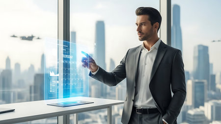 Businessman interacting with futuristic holographic interface displaying data and technology in modern office with city skyline viewの素材