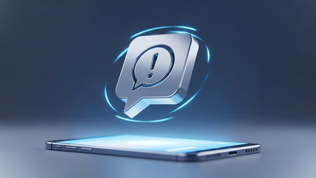 Digital notification alert icon floating above a modern smartphone screen with glowing blue lightの素材