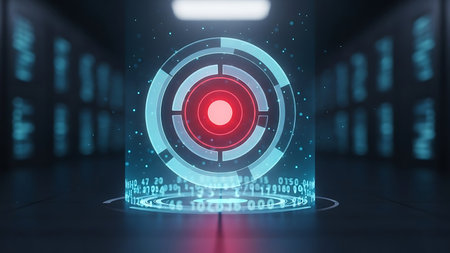 Futuristic holographic interface with glowing blue and red lights in a dark server roomの素材