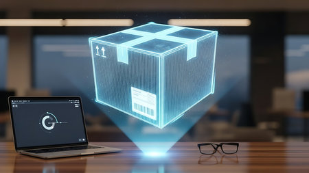 Futuristic holographic shipping box projection displayed above a desk with laptop and glassesの素材