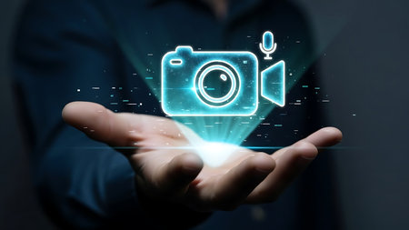 Futuristic holographic camera and video icon glowing brightly above an open handの素材