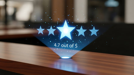 Glowing holographic five star rating displayed above wooden surface with blurred backgroundの素材