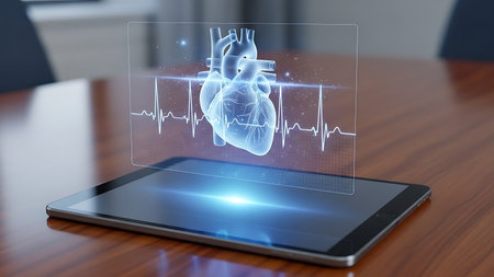 Futuristic holographic display of a human heart and electrocardiogram on a tablet deviceの素材