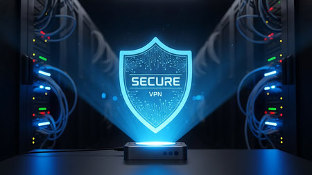 Futuristic glowing blue shield hologram with the word secure projected in a dark digital environmentの素材