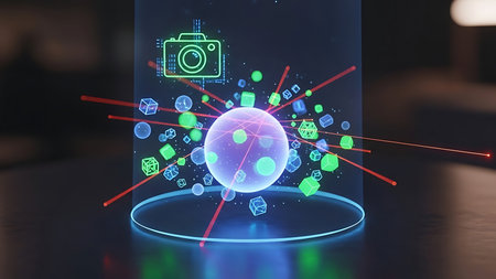 Futuristic holographic projection of a glowing cell with scientific data and camera icon overlayの素材