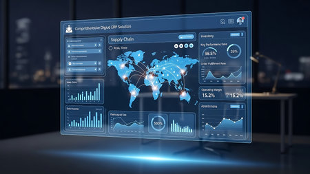 Futuristic holographic digital interface displaying global data analytics and world map in a modern office settingの素材