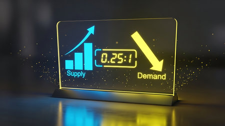 Digital display showing fluctuating market trends with rising supply and falling demand indicatorsの素材