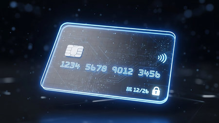 Futuristic glowing credit card with digital numbers and security icons on a dark backgroundの素材