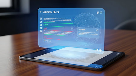 Futuristic holographic interface displaying data and notifications projected from a modern smartphone on a wooden tableの素材