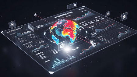 Futuristic holographic interface displaying global data analytics and digital earth visualization with charts and graphsの素材