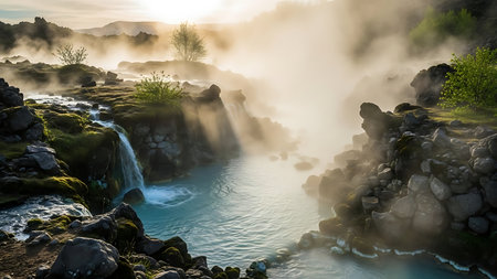 A breathtaking view of a natural geothermal area with vibrant blue water, steam rising, and a small waterfall.の素材