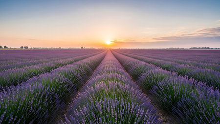 Rows of blooming lavender stretch towards a vibrant sunset, creating a serene and colorful agricultural landscape.の素材