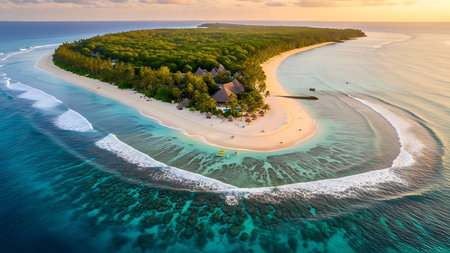 A breathtaking aerial perspective showcases a verdant island fringed by a pristine white sand beach and a colorful coral reef.の素材