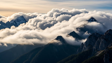 Dramatic clouds swirl around rugged mountain peaks, illuminated by the soft glow of a sunrise.の素材