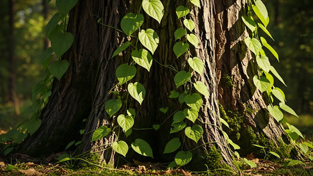Close-up of a large tree trunk covered in vibrant green leaves and vines, bathed in dappled sunlight.の素材