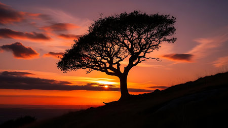 A lone tree stands on a hill against a vibrant sunset, its branches reaching towards the colorful, cloud-filled sky.の素材