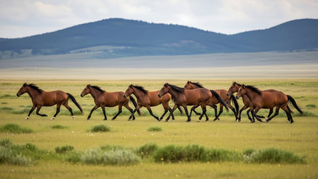 A herd of brown horses runs freely through a wide open field with distant hills under a cloudy sky.の素材
