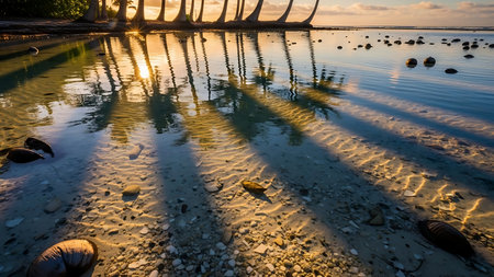 Sunlight filters through palm trees, creating dramatic striped shadows on a calm, shallow ocean floor at sunset.の素材