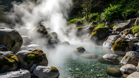 A vibrant geothermal hot spring erupts with steam amidst moss-covered rocks and dense foliage, creating a serene natural landscape.の素材