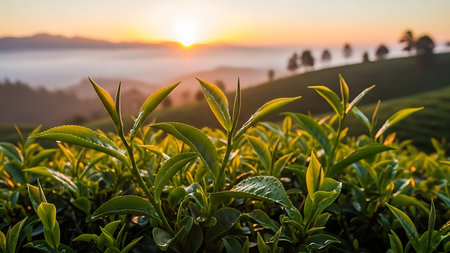 A vibrant sunrise casts a warm glow over a misty, rolling tea plantation, highlighting the fresh green leaves.の素材