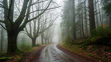 A wet, winding dirt road disappears into a foggy forest with tall trees and fallen leaves.の素材