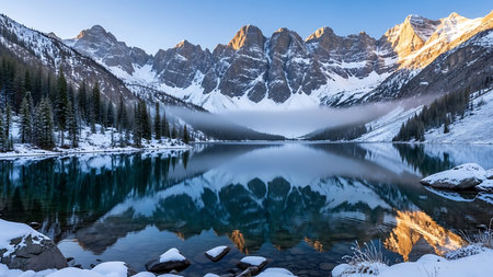 A breathtaking winter landscape featuring jagged, snow-covered peaks mirrored perfectly in a calm, reflective mountain lake.の素材