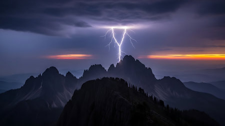 A powerful lightning bolt splits the sky above a dark, rugged mountain range during a dramatic storm.の素材