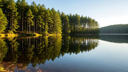 Tall evergreen trees line a tranquil lake, their reflections creating a mirror image on the still water.の素材