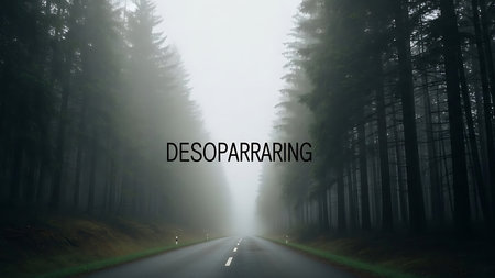 A solitary road winds through a dense, misty forest, disappearing into a bright, ethereal light at the horizon.の素材