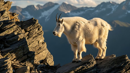 A solitary mountain goat stands on a rocky ledge with a breathtaking backdrop of snow-capped mountains.の素材