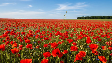An expansive field of bright red poppies stretches towards the horizon under a clear blue sky with scattered clouds.の素材