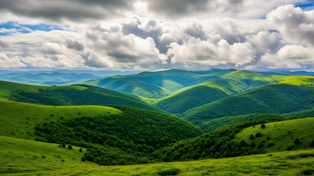 Expansive view of lush green mountain ranges stretching towards the horizon under a dynamic, cloud-filled sky.の素材
