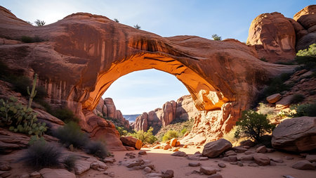 A striking natural sandstone arch frames a sunlit canyon, showcasing rugged desert landscape and vibrant rock formations.の素材