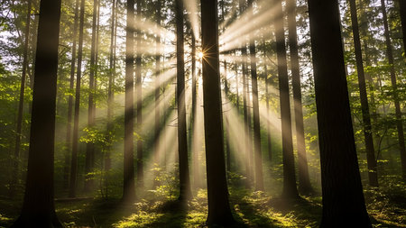 Sunlight streams through tall trees in a forest, illuminating the undergrowth with dramatic rays of light.の素材