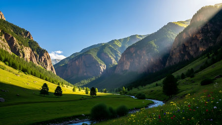 A breathtaking natural landscape featuring dramatic mountain peaks, a vibrant green meadow, and a gentle stream under a clear blue sky.の素材