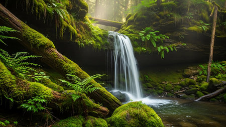 A serene waterfall flows through a vibrant green forest, surrounded by mossy trees and ferns.の素材