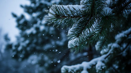 Delicate snowflakes gently land on the dark green needles of a pine tree, creating a serene winter scene.の素材