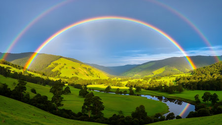 A breathtaking landscape featuring a double rainbow illuminating a verdant valley with a winding river and rolling hills.の素材