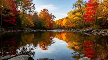 A serene river mirrors the brilliant reds, oranges, and yellows of trees during peak fall foliage season.の素材