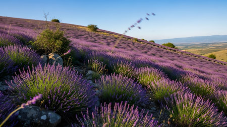 A breathtaking landscape showcasing a hillside densely covered with blooming lavender plants under a bright, sunny sky.の素材